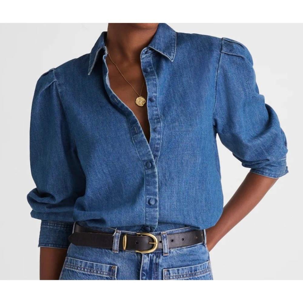 Madewell Denim Puff-Sleeve Shirt Women L Blue Petersburg Wash Cotton Top Western